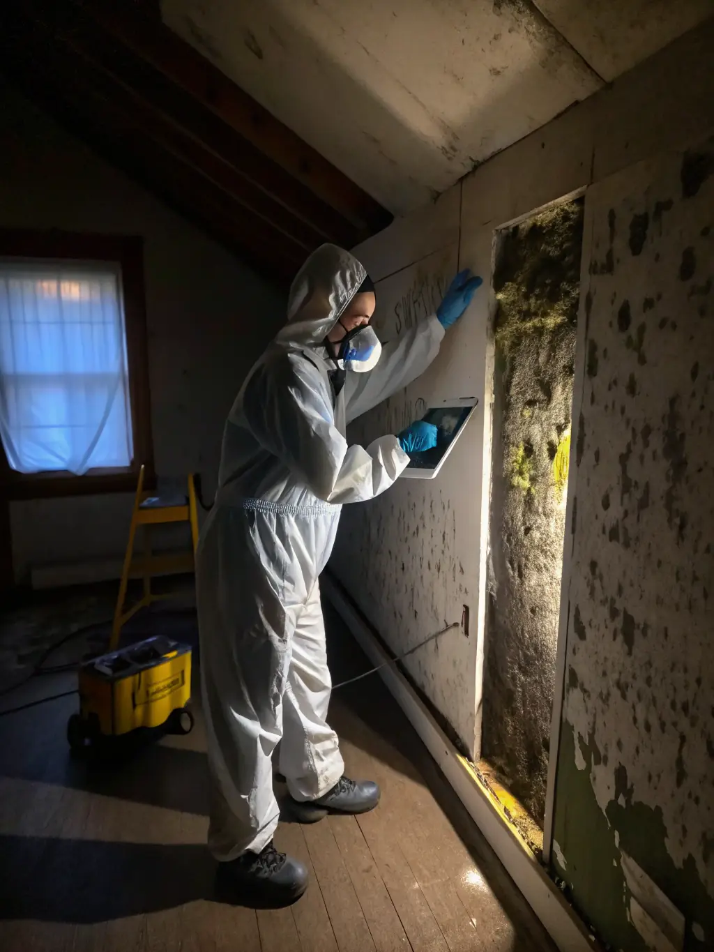 A close-up photo of mould growth on a wall, with a surveyor inspecting it in a property in Cornwall.