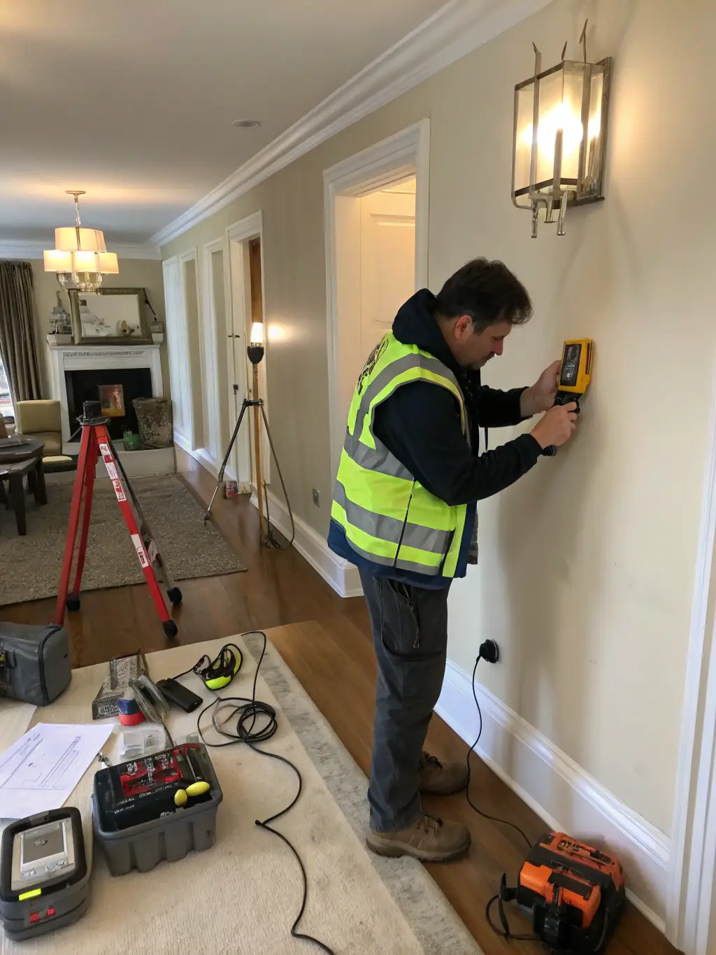 A photo of a surveyor using a moisture meter on a wall, indicating a damp reading in a residential property in Cornwall.